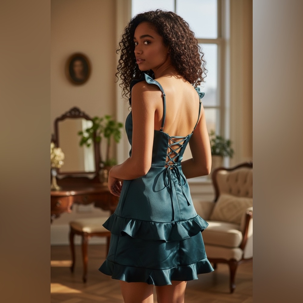 ✨ Teal Satin Corset Mini Dress w/ Lace-Up Back – Size 2
